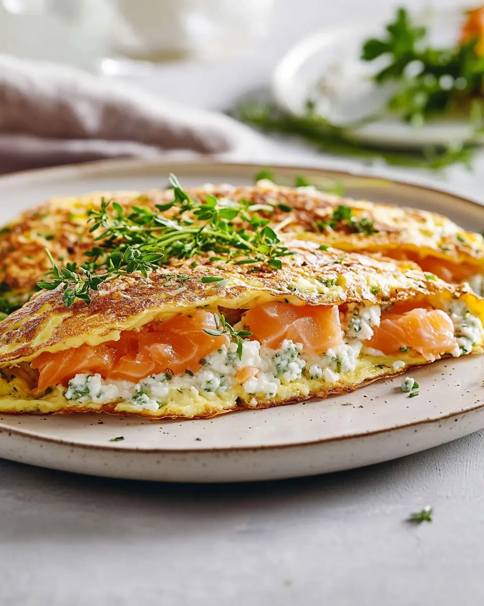 Gefüllte Kräuter-Omeletts mit Lachs und Hüttenkäse First Image First Image