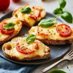 Überbackenes Brot mit Käse, Tomaten und Basilikum First Image First Image