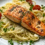 Gebratener Lachs auf einer Ricotta-Parmesan Pasta First Image First Image