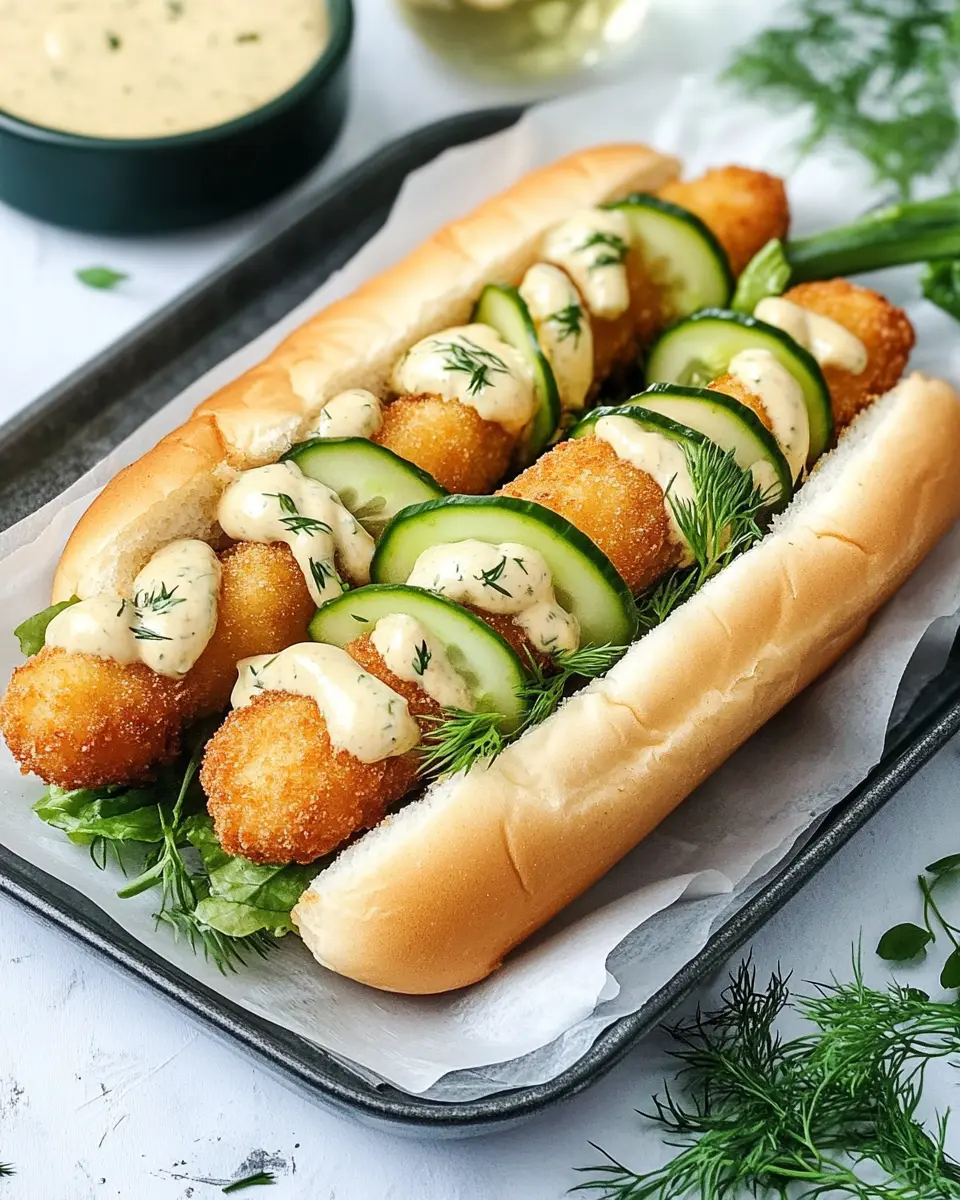 Hot Dog mit Fischstäbchen, Gurken und Dill-Senf-Sauce First Image First Image