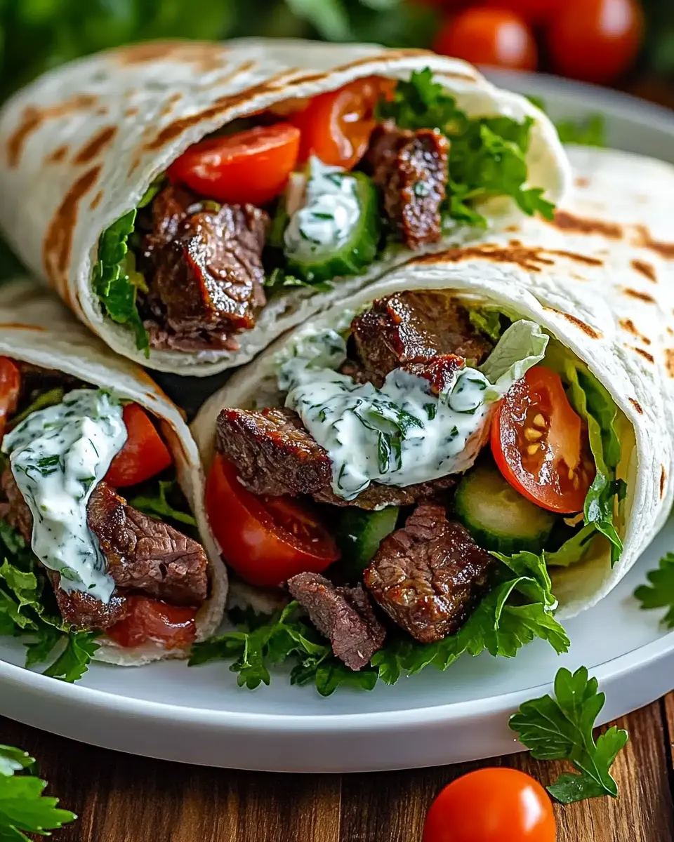 Griechische Rindfleisch-Wraps mit Gurken-Feta-Sauce First Image First Image