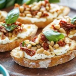 Bruschetta mit Mozzarella, getrockneten Tomaten und Pinienkernen First Image First Image