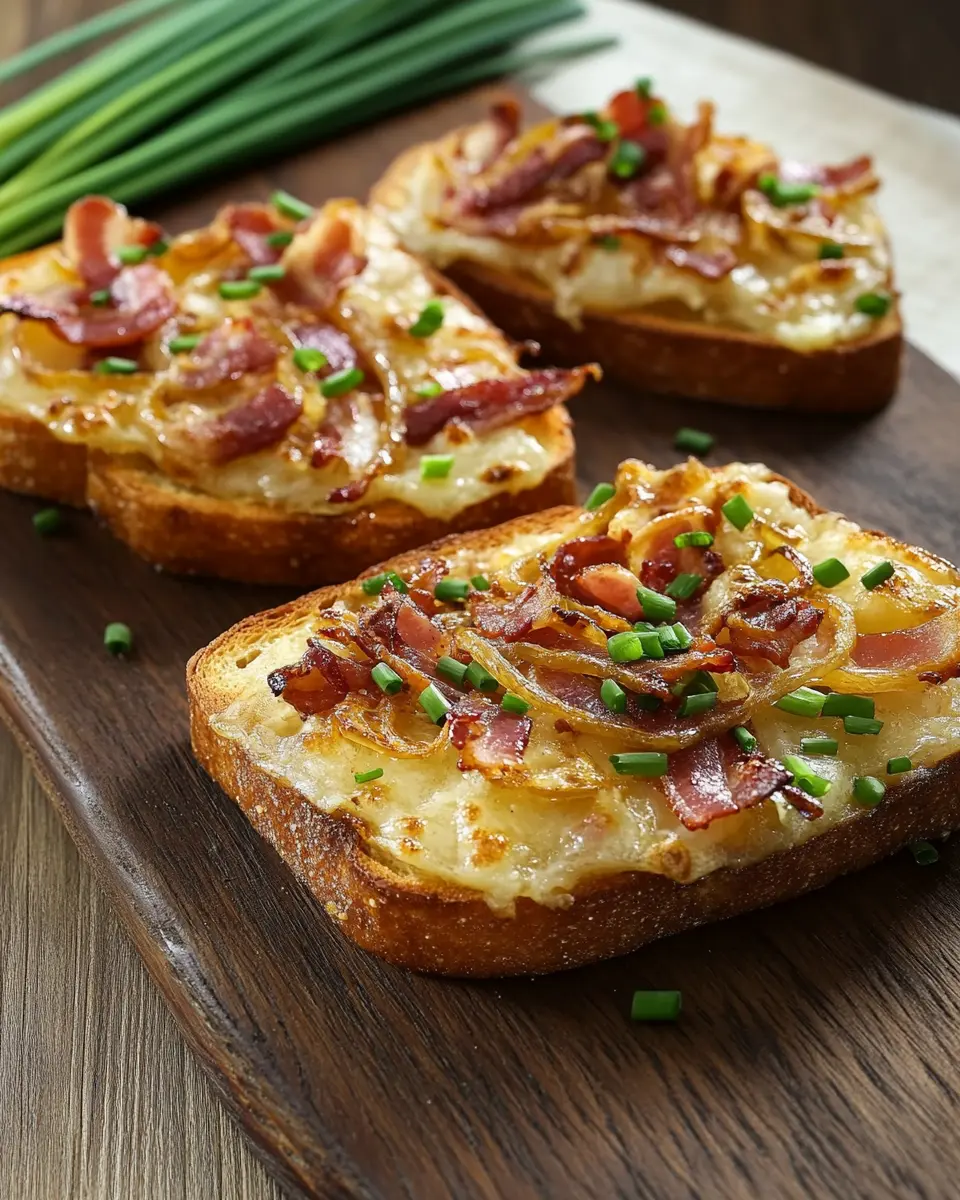 Flammkuchen-Toast mit Speck und Zwiebeln First Image First Image