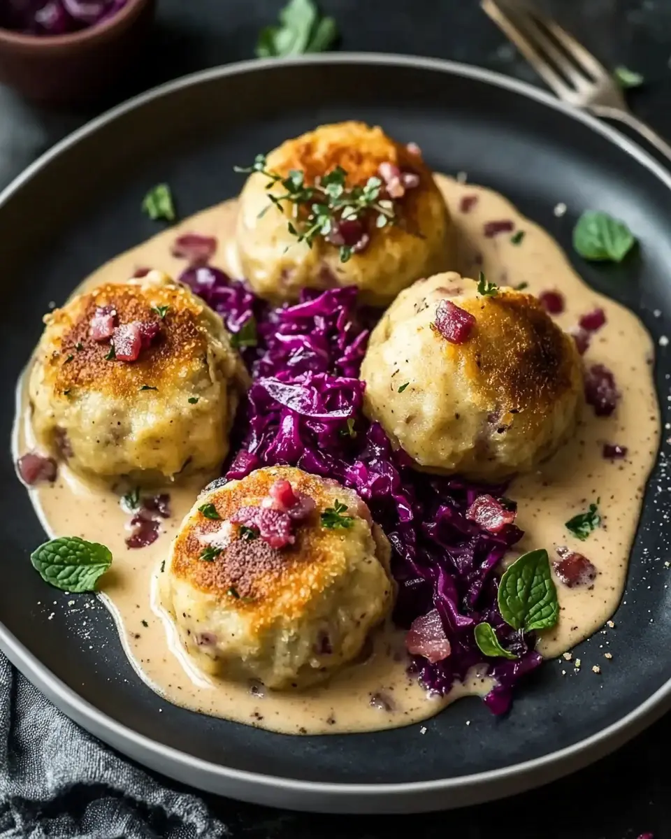 Brezenknödel mit fruchtigem Rotkohl und Speck-Sahne-Sauce Bliss