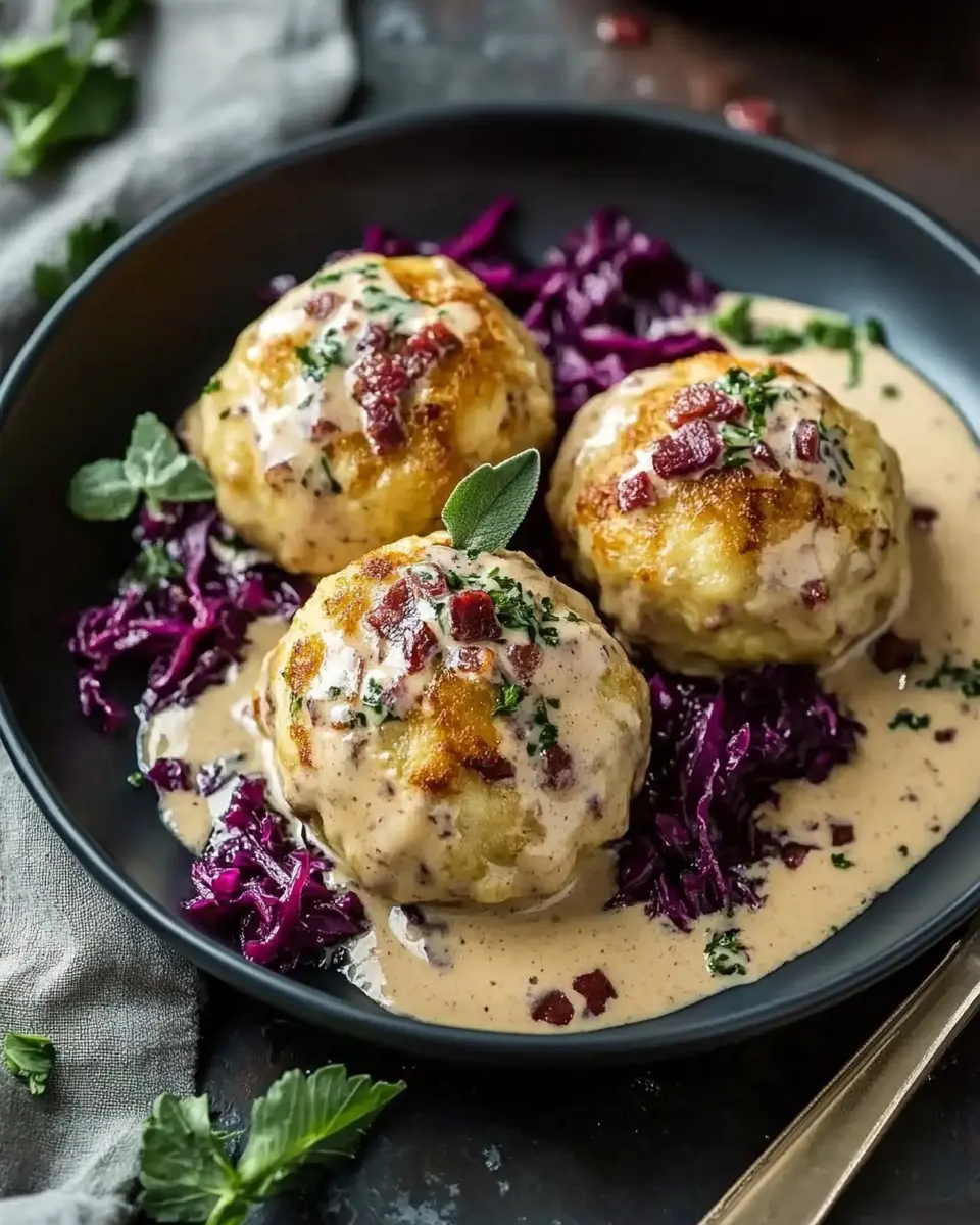 Brezenknödel mit fruchtigem Rotkohl und Speck-Sahne-Sauce First Image First Image