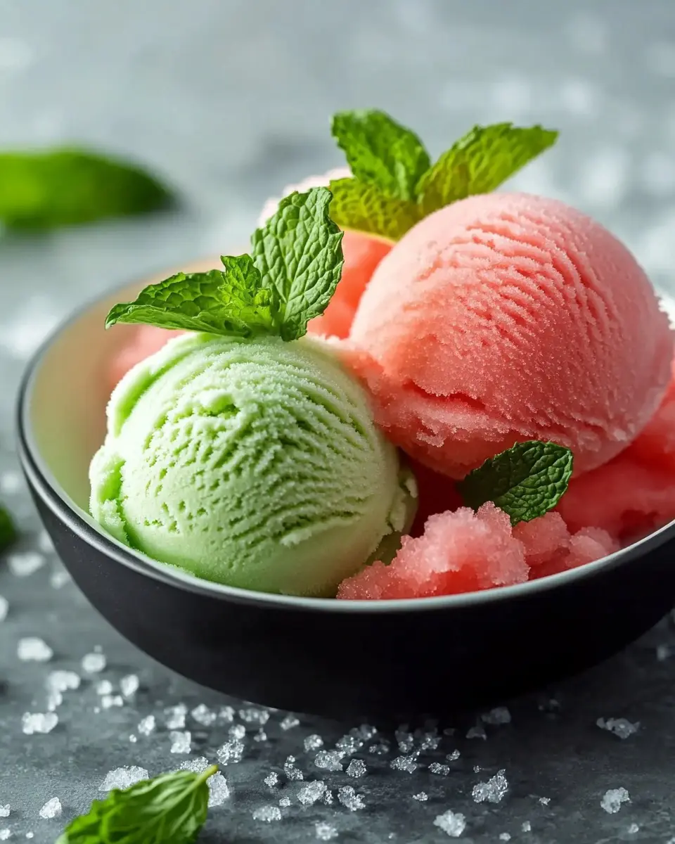 Frisches Minz-Eis mit gesalzener Wassermelonen-Granita Bliss