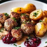 Köttbullar mit knusprigen Kartoffeln und Preiselbeer-Chutney First Image First Image