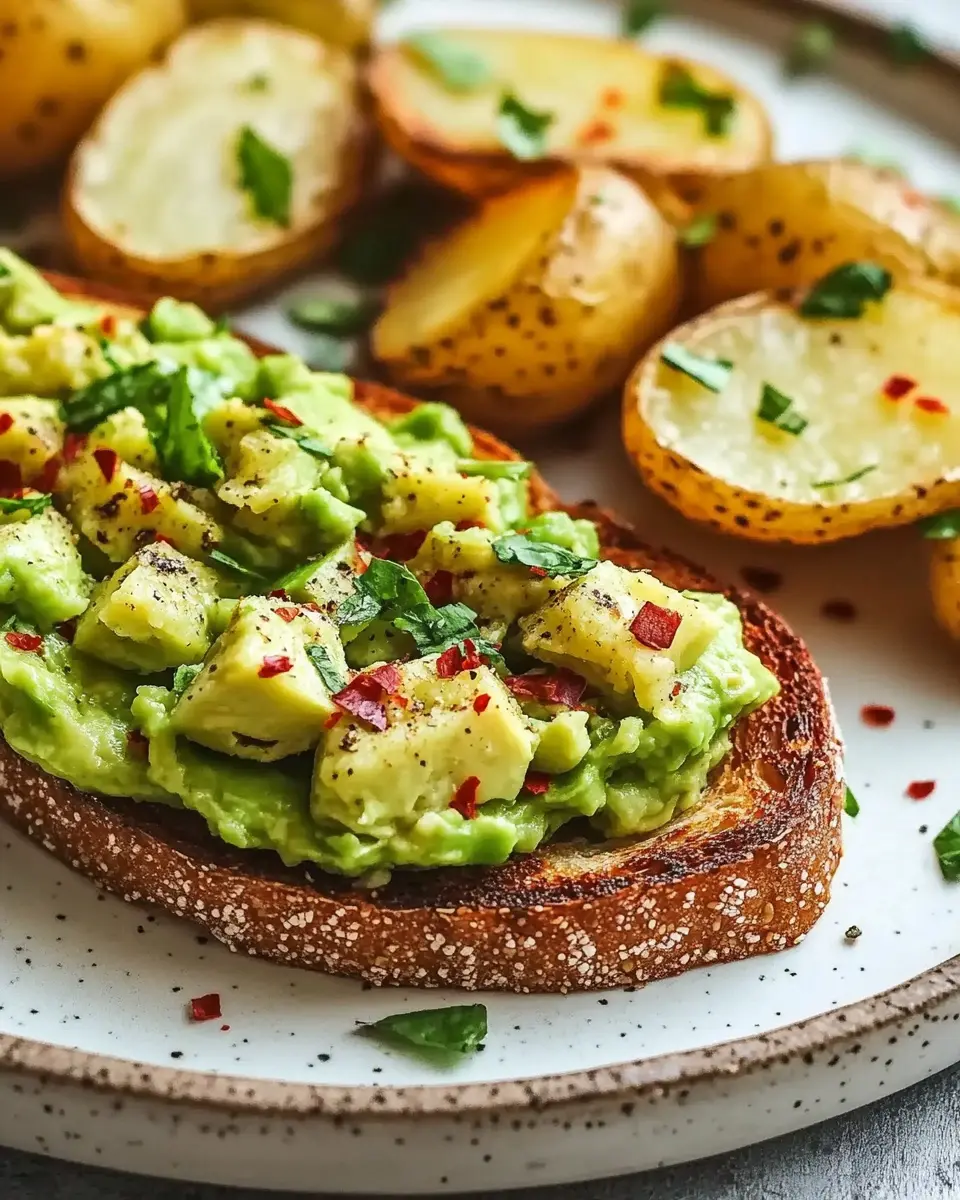 Würzige Toasts mit zerdrückter Avocado und knusprigen Röstkartoffeln