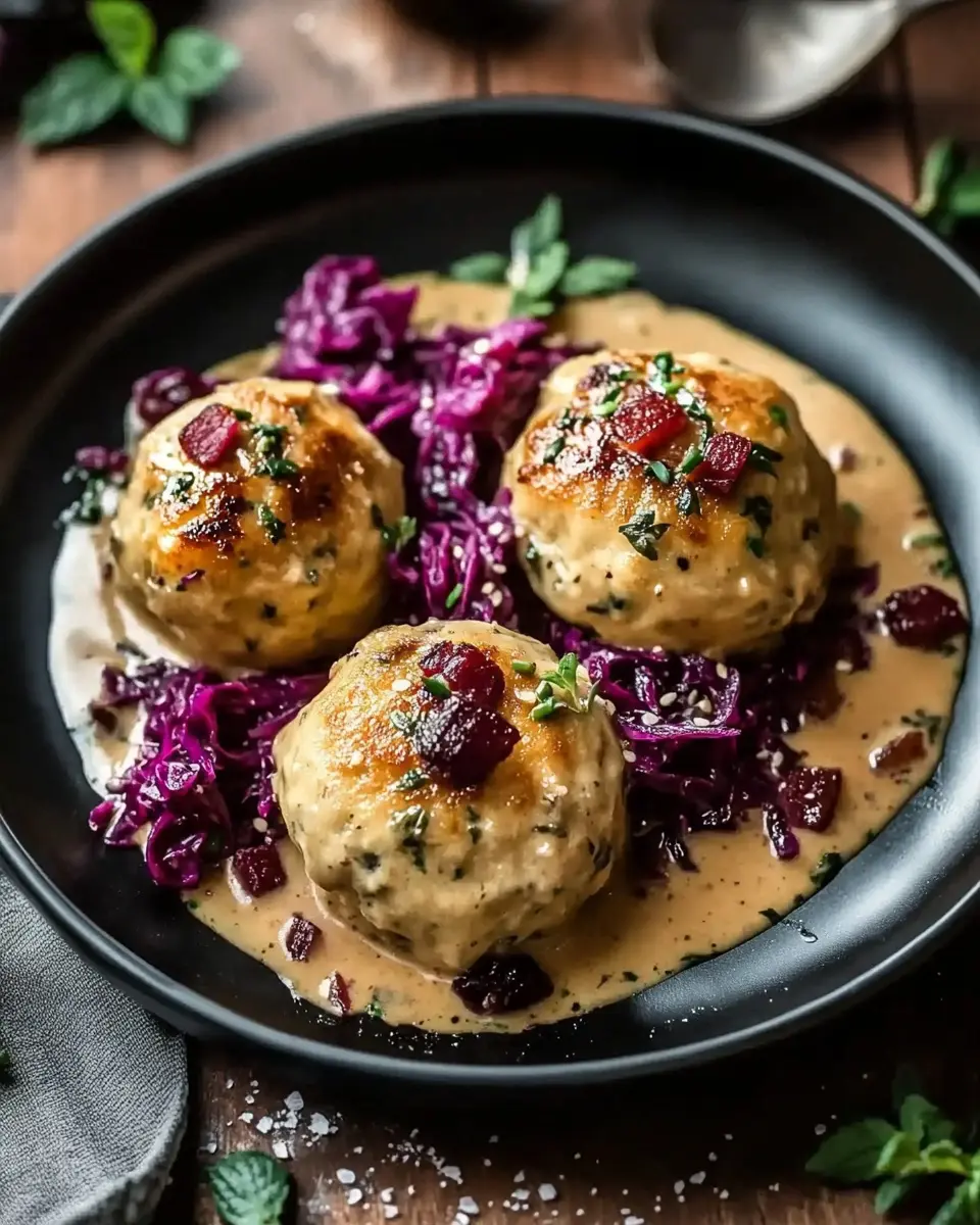 Brezenknödel mit fruchtigem Rotkohl und Speck-Sahne-Sauce Bliss