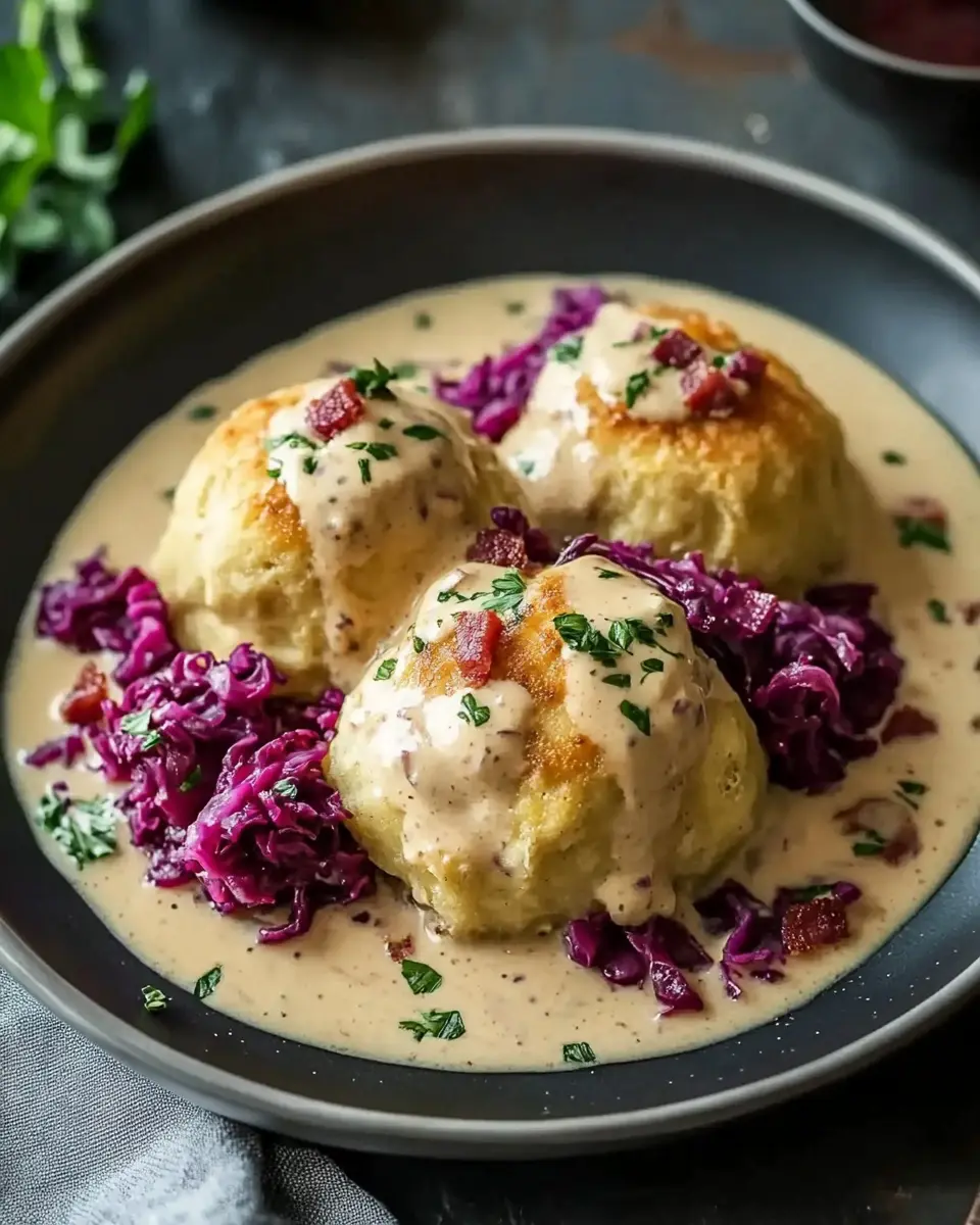 Brezenknödel mit fruchtigem Rotkohl und Speck-Sahne-Sauce Bliss