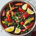 Paella de Verduras mit schwarzem Reis First Image First Image