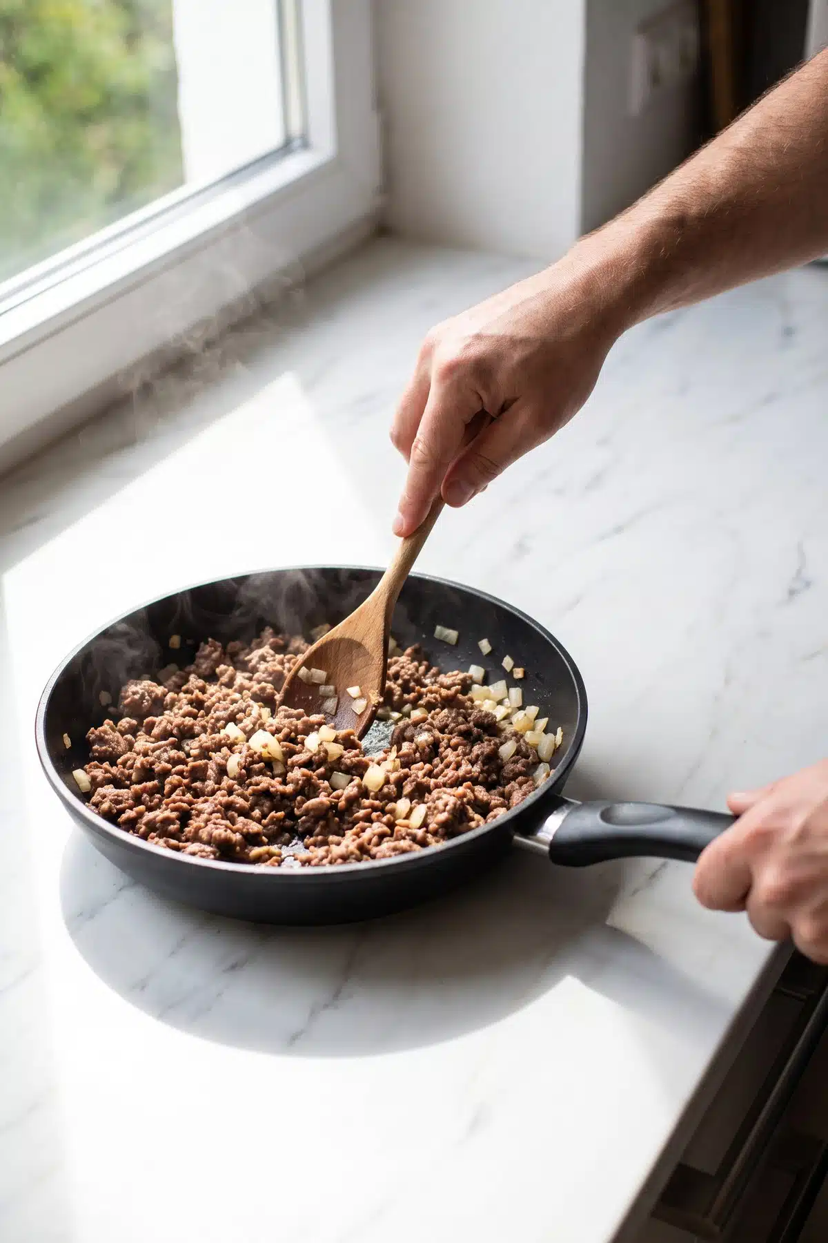 Hackfleisch wird in der Pfanne krümelig braun angebraten