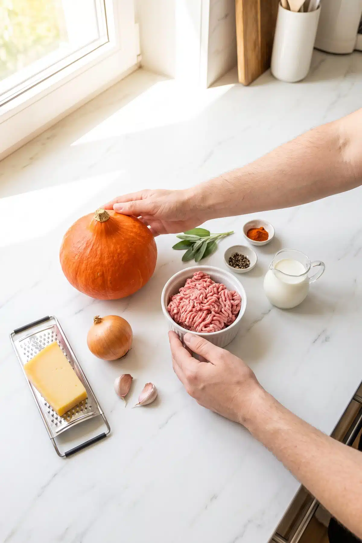 Zutaten für Kürbisauflauf mit Hackfleisch auf einem Holzbrett